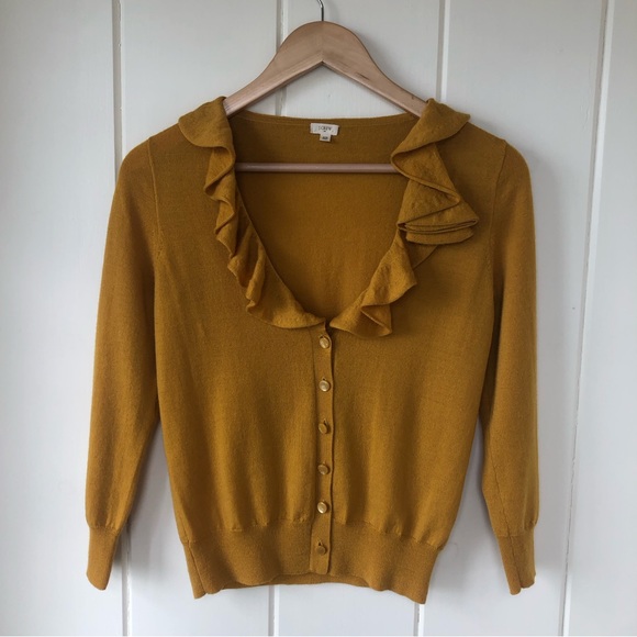 J CREW Factory Mustard Yellow/Gold Wool Ruffle Collar Cardigan Sweater - Picture 12 of 13